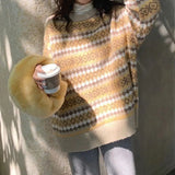 DERMEARNE Japanese Retro Jacquard Striped Sweater for Women's Autumn Winter New Lazy Style High-end Pullover Versatile Knitted Sweater Top