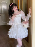 DERMEARNE Japanese Sweet Fairy Lolita Dress Women White Mesh Elegant Princess Dress Female Bow Casual Evening Party Dress Summer 2024 Slim