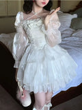 DERMEARNE Japanese Sweet Fairy Lolita Dress Women White Mesh Elegant Princess Dress Female Bow Casual Evening Party Dress Summer 2024 Slim