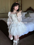 DERMEARNE Japanese Sweet Fairy Lolita Dress Women White Mesh Elegant Princess Dress Female Bow Casual Evening Party Dress Summer 2024 Slim