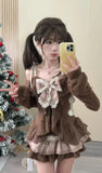 DERMEARNE Japanese Sweet Lolita 2 Piece Sets Women Retro Off Shoulder Bow Blouse Tops Plaid Cake Mini Skirt Girls Kawaii Y2k Slim Outfits