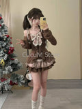 DERMEARNE Japanese Sweet Lolita 2 Piece Sets Women Retro Off Shoulder Bow Blouse Tops Plaid Cake Mini Skirt Girls Kawaii Y2k Slim Outfits