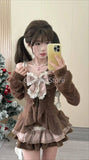 DERMEARNE Japanese Sweet Lolita 2 Piece Sets Women Retro Off Shoulder Bow Blouse Tops Plaid Cake Mini Skirt Girls Kawaii Y2k Slim Outfits