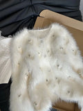 DERMEARNE Jmprs Chic Pearls White Cardigan Sweaters Women Elegant Sweet Faux Mink Cashmere Coats Korean Long Sleeve Fashion Knitted Tops