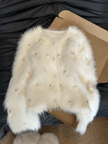 DERMEARNE Jmprs Chic Pearls White Cardigan Sweaters Women Elegant Sweet Faux Mink Cashmere Coats Korean Long Sleeve Fashion Knitted Tops