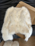 DERMEARNE Jmprs Chic Pearls White Cardigan Sweaters Women Elegant Sweet Faux Mink Cashmere Coats Korean Long Sleeve Fashion Knitted Tops