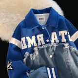 DERMEARNE Klein blue denim stitching baseball uniform jacket women spring and autumn thin lapel couple men jacket American retro trend