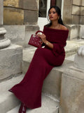 DERMEARNE Knitted Off Shoulder Long Sleeved Slim Fit Dresses Elegant Solid Color High Waisted Women's Dress 2024 New Lady Party Streetwear