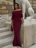 DERMEARNE Knitted Off Shoulder Long Sleeved Slim Fit Dresses Elegant Solid Color High Waisted Women's Dress 2024 New Lady Party Streetwear