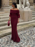 DERMEARNE Knitted Off Shoulder Long Sleeved Slim Fit Dresses Elegant Solid Color High Waisted Women's Dress 2024 New Lady Party Streetwear