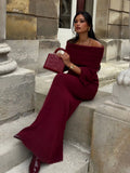 DERMEARNE Knitted Off Shoulder Long Sleeved Slim Fit Dresses Elegant Solid Color High Waisted Women's Dress 2024 New Lady Party Streetwear
