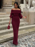 DERMEARNE Knitted Off Shoulder Long Sleeved Slim Fit Dresses Elegant Solid Color High Waisted Women's Dress 2024 New Lady Party Streetwear