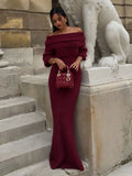 DERMEARNE Knitted Off Shoulder Long Sleeved Slim Fit Dresses Elegant Solid Color High Waisted Women's Dress 2024 New Lady Party Streetwear