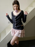 DERMEARNE Korean Fashion Polka Dot 2-piece Set Women Design Sweet Slim Long Sleeve V-neck Tops Female + Elastic Waist Pink Ruffle Skirt