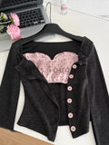 DERMEARNE Korean Fashion Polka Dot 2-piece Set Women Design Sweet Slim Long Sleeve V-neck Tops Female + Elastic Waist Pink Ruffle Skirt