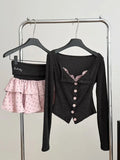DERMEARNE Korean Fashion Polka Dot 2-piece Set Women Design Sweet Slim Long Sleeve V-neck Tops Female + Elastic Waist Pink Ruffle Skirt