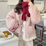 DERMEARNE Korean Style Cute Loose Warm Winter Jacket Women Chic Ruffle Neck Sweet Parkas Overcoat Japanese Harajuku Kawai Padded Coat 2024
