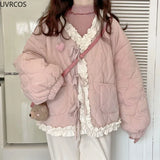 DERMEARNE Korean Style Cute Loose Warm Winter Jacket Women Chic Ruffle Neck Sweet Parkas Overcoat Japanese Harajuku Kawai Padded Coat 2024