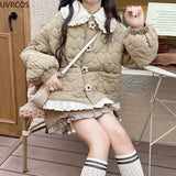 DERMEARNE Korean Style Cute Loose Warm Winter Jacket Women Chic Ruffle Neck Sweet Parkas Overcoat Japanese Harajuku Kawai Padded Coat 2024
