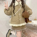 DERMEARNE Korean Style Cute Loose Warm Winter Jacket Women Chic Ruffle Neck Sweet Parkas Overcoat Japanese Harajuku Kawai Padded Coat 2024
