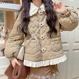 DERMEARNE Korean Style Cute Loose Warm Winter Jacket Women Chic Ruffle Neck Sweet Parkas Overcoat Japanese Harajuku Kawai Padded Coat 2024