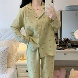 DERMEARNE Korean Version Plaid Pajama Women Long Sleeve Sleepwear Spring Thin Loungewear Plus Size Red Nightwear Lapel Casual Homewear Set