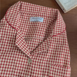 DERMEARNE Korean Version Plaid Pajama Women Long Sleeve Sleepwear Spring Thin Loungewear Plus Size Red Nightwear Lapel Casual Homewear Set