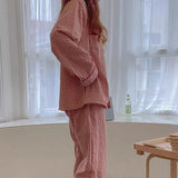 DERMEARNE Korean Version Plaid Pajama Women Long Sleeve Sleepwear Spring Thin Loungewear Plus Size Red Nightwear Lapel Casual Homewear Set