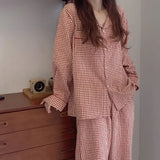 DERMEARNE Korean Version Plaid Pajama Women Long Sleeve Sleepwear Spring Thin Loungewear Plus Size Red Nightwear Lapel Casual Homewear Set