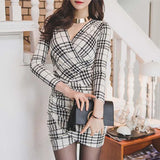 DERMEARNE Korean Version of New Spring and Autumn Sexy V-neck Long-sleeved Buttock Dress with A Thousand Bird Check Slim Slim Tight Skirt