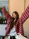 DERMEARNE Korean style Women Red Streak Striped Cardigans Contrast Color V Neck Spring Autumn Cardigan Women Single Breasted Sweaters