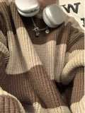 Dermearne Korean style patchwork striped sweater for men in autumn and winter lazy loose knitted sweater round neck retro trendy sweater