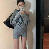 DERMEARNE Korejpaa Elegant Sweater Short Sets Women Autumn Winter Slanted Shoulder Knitted Sweaters High Waist Shorts Two Piece Set