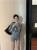 DERMEARNE Korejpaa Elegant Sweater Short Sets Women Autumn Winter Slanted Shoulder Knitted Sweaters High Waist Shorts Two Piece Set