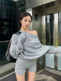 DERMEARNE Korejpaa Elegant Sweater Short Sets Women Autumn Winter Slanted Shoulder Knitted Sweaters High Waist Shorts Two Piece Set