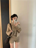DERMEARNE Korejpaa Elegant Sweater Short Sets Women Autumn Winter Slanted Shoulder Knitted Sweaters High Waist Shorts Two Piece Set