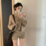 DERMEARNE Korejpaa Elegant Sweater Short Sets Women Autumn Winter Slanted Shoulder Knitted Sweaters High Waist Shorts Two Piece Set