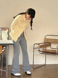 DERMEARNE Korobov Simple Pit Strip Knitted Pants Pleated Layer Lace Grey Slim Pants Y2k Women Clothing Korean Fashion Pantalones Mujer