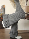 DERMEARNE Korobov Simple Pit Strip Knitted Pants Pleated Layer Lace Grey Slim Pants Y2k Women Clothing Korean Fashion Pantalones Mujer