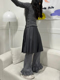 DERMEARNE Korobov Simple Pit Strip Knitted Pants Pleated Layer Lace Grey Slim Pants Y2k Women Clothing Korean Fashion Pantalones Mujer