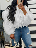 DERMEARNE Plus Size Fold Design Mesh Blouse Autumn NEW women top Round Neck Solid Color Elegant Romantic women Blouse