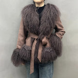 DERMEARNE Lady Luxury Winter Thick Warm Mongolian Sheep Fur Collar Cuffs Natural Fur Coats Women Stand Collar Crop Jacket LZ6513