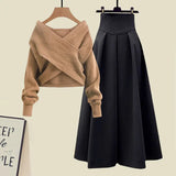 DERMEARNE Large Size Women's Spring Suit Women's 2025 New Cover Slim Sweater and Long Skirt Two-piece Set