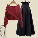 DERMEARNE Large Size Women's Spring Suit Women's 2025 New Cover Slim Sweater and Long Skirt Two-piece Set