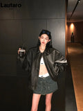 DERMEARNE Lautaro Spring Autumn Cool Handsome Retro Oversized Distressed Brown Soft Faux Leather Jackets for Women Zipper Runway Fashion