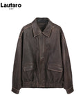 DERMEARNE Lautaro Spring Autumn Cool Handsome Retro Oversized Distressed Brown Soft Faux Leather Jackets for Women Zipper Runway Fashion