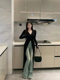 Lazy Vintage V-neck Black Cardigan Women Autumn New Slim Fit Sun Protection Tops Y2k E-Girl Long Sleeve Knitted