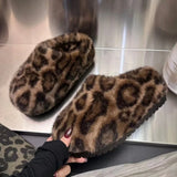 DERMEARNE Leopard Platform Fur Slippers Women Home Cotton Shoes Winter Warm Casual Plush Mules 2025 Trend Flip Flop Woman Snow Botas Mujer