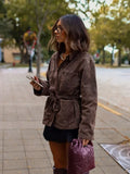DERMEARNE Leopard Printed Denim Single Breasted Belt Women's Coat Fashion Lapel Long Sleeves Pockets Jackets Autumn Chic Ladies Outerwear