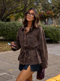 DERMEARNE Leopard Printed Denim Single Breasted Belt Women's Coat Fashion Lapel Long Sleeves Pockets Jackets Autumn Chic Ladies Outerwear